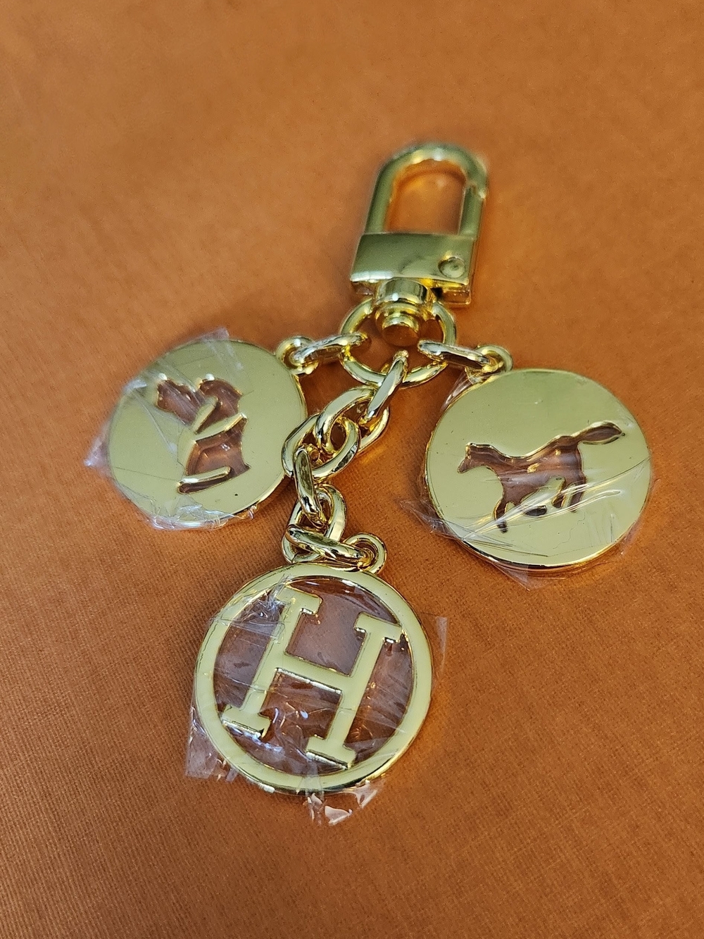 Hermes Gold Tone 'H' and Horse Charm Keychain 4"